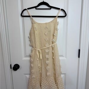 Simple Cream Midi Dress with Spaghetti Straps and Waist Tie